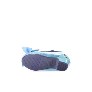 Toddler Mary Jane block heel shoes, light blue glitter; textured sole and heel underside
