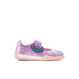 Kids Mary Jane sneakers, lavender floral print, Stitch graphic, hook-and-loop strap.