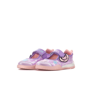 Kids Mary Jane sneakers, lavender with character heel patch, hook-and-loop strap.
