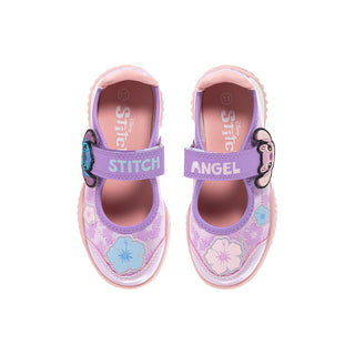 Kids Mary Jane sneakers, heel straps labeled Stitch and Angel, cushioned interior.