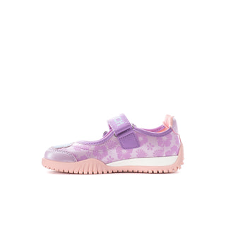 Kids Mary Jane sneakers, lavender floral design, velcro strap, light pink outsole.