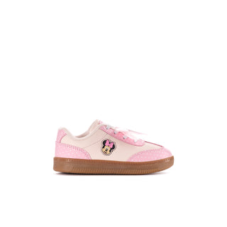 Pink toddler sneakers with Minnie Mouse patch, lace-up front, brown rubber sole