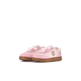 Pink toddler lace-up sneakers with Minnie emblem and bow accents, brown outsole