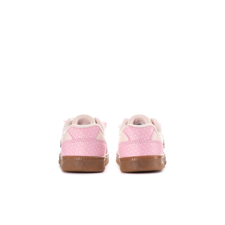 Back view: pink toddler sneakers with heel tabs and brown rubber outsole
