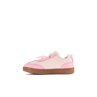 Pink toddler lace-up sneakers with Minnie graphic and padded collar
