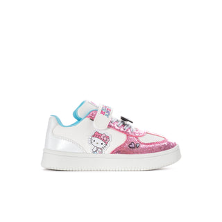 Kids' Hello Kitty sneaker, white with pink glitter toe and light blue accents.
