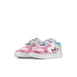 Kids' Hello Kitty Court sneaker pair, pink glitter uppers with white and light blue trim.
