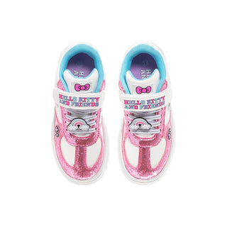 Kids' Hello Kitty sneakers, top view with pink glitter, laces, and bow graphics.