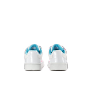 Kids' Hello Kitty sneakers, back view in white with light blue heel panels.