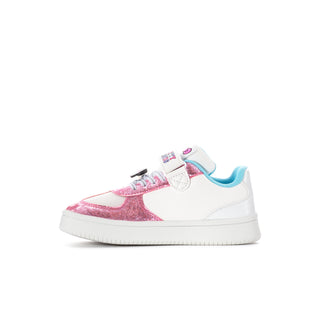 Kids' Hello Kitty sneaker, side view with white upper and pink glitter trim.