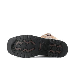 Men's steel-toe boot outsole with rugged tread pattern and dark rubber edge