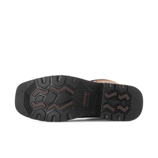 Outsole view: dark tread sole for dark brown lace-up steel toe work boot