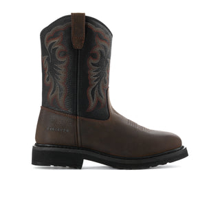 Men's square-toe steel-toe work boot in dark brown with black embroidered panels