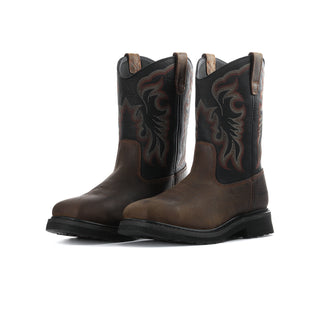 Pair of men's square-toe steel-toe work boots, dark brown leather with black stitch panels