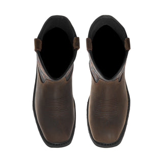 Men's square-toe steel-toe work boots with dark brown uppers and wide black-lined openings