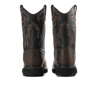 Men's square-toe steel-toe work boots, dark brown leather with black sole and heel embroidery