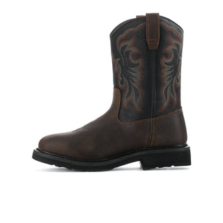 Men's square-toe steel-toe work boot in dark brown with black embroidered shaft and brown seams
