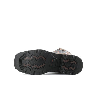 Men's steel-toe work boot outsole with rugged tread and dark brown heel edge