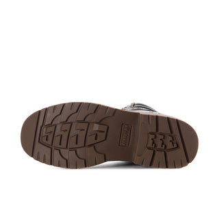 Steel-toe work boot outsole in brown with deep tread and rugged traction pattern.