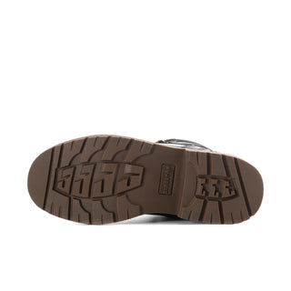 Steel toe work boot outsole with dark brown tread pattern and logo patch