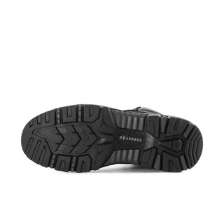 Men’s black steel-toe waterproof work boot outsole with deep traction tread pattern