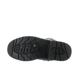Steel toe work boot outsole in black with deep tread and traction pattern