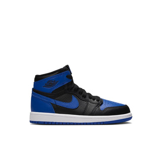 Kids black and royal blue high-top sneakers with blue Swoosh and white sole