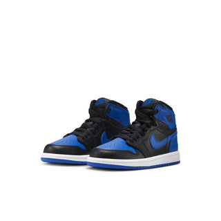Pair of kids black and royal blue high-top sneakers with blue Swoosh and laces