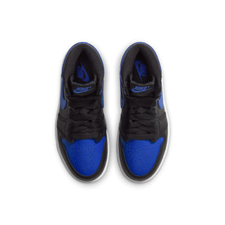 Kids black and royal blue high-top sneakers, front view with perforated toe and Nike logo