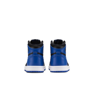 Kids black and royal blue high-top sneakers, back view with heel tab and white sole