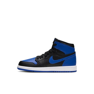 Kids black and royal blue high-top sneaker with blue Swoosh and side panel