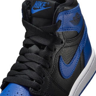 Kids black leather high-top with royal blue Swoosh, laces, and Nike branding