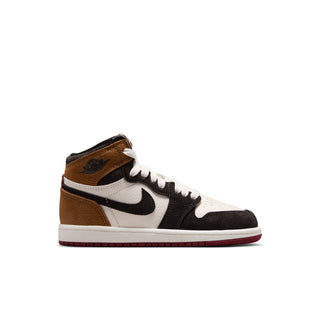 Kids high-top sneakers in white, black and brown with a red outsole stripe