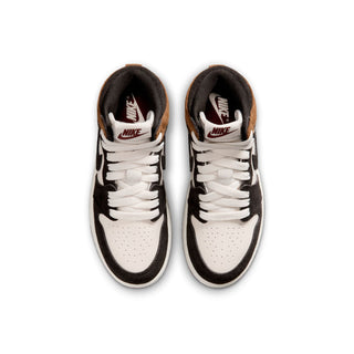 Kids high-top sneakers, white laces with black and brown uppers; Nike heel detail