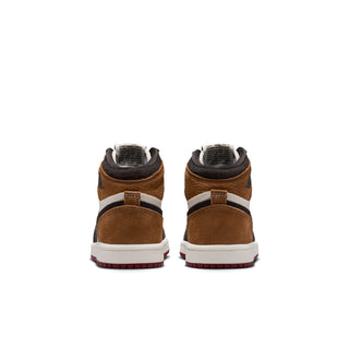 Kids high-top sneakers heel view in brown suede, black accents, white sole with red trim