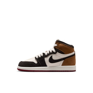 Kids high-top sneaker side profile with white, black and brown panels and red outsole