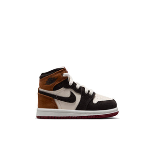 Toddler high-top sneakers in white, black, and brown with lace-up closure