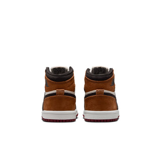 Back view of toddler high-top sneakers in brown and black with white midsole