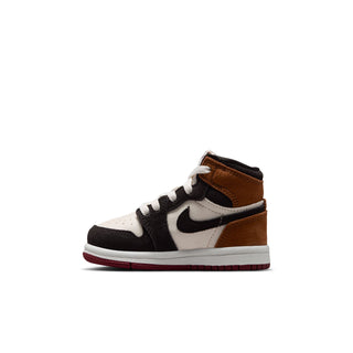 Toddler high-top sneaker side profile in white, black, and brown with Nike Swoosh