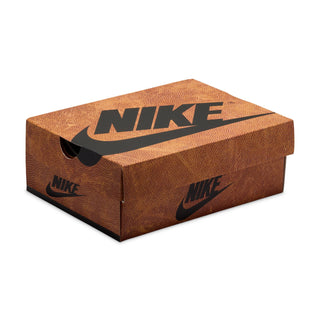 Nike branded shoebox in brown with large Nike logo on the lid