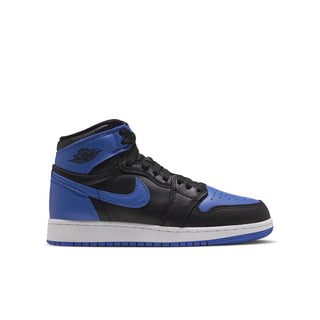 Youth high-top sneakers in black and royal blue with Nike swoosh and laced design