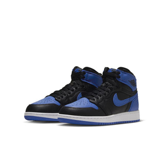 Pair of youth high-top sneakers, black and royal blue with white midsoles