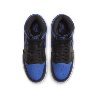 Youth high-top sneakers with black laces and interior, blue toe and panel accents