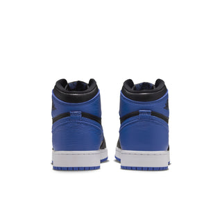 Youth high-top sneakers, black and royal blue with white midsole and rear tabs