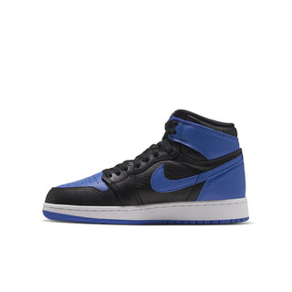 Youth high-top sneaker with black upper, royal blue toe, and Nike swoosh