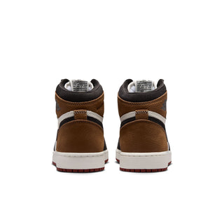 Youth high-top sneakers heel view with brown collar and white midsole panel