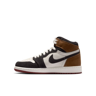 Youth high-top sneakers side view with black Swoosh and brown ankle panel