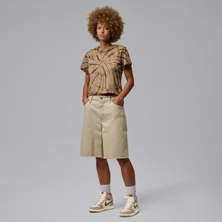 Womens high-top sneakers worn with tan shorts and crew socks
