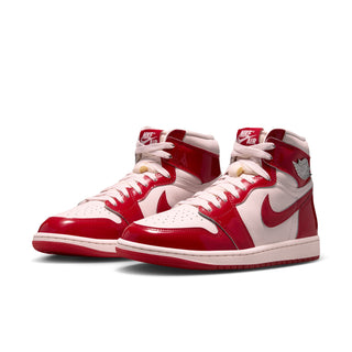 High-top sneakers with red patent toe, white panels, and red laces