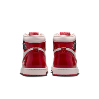 Pair of high-top sneakers, back view: red heel panels and white midsoles